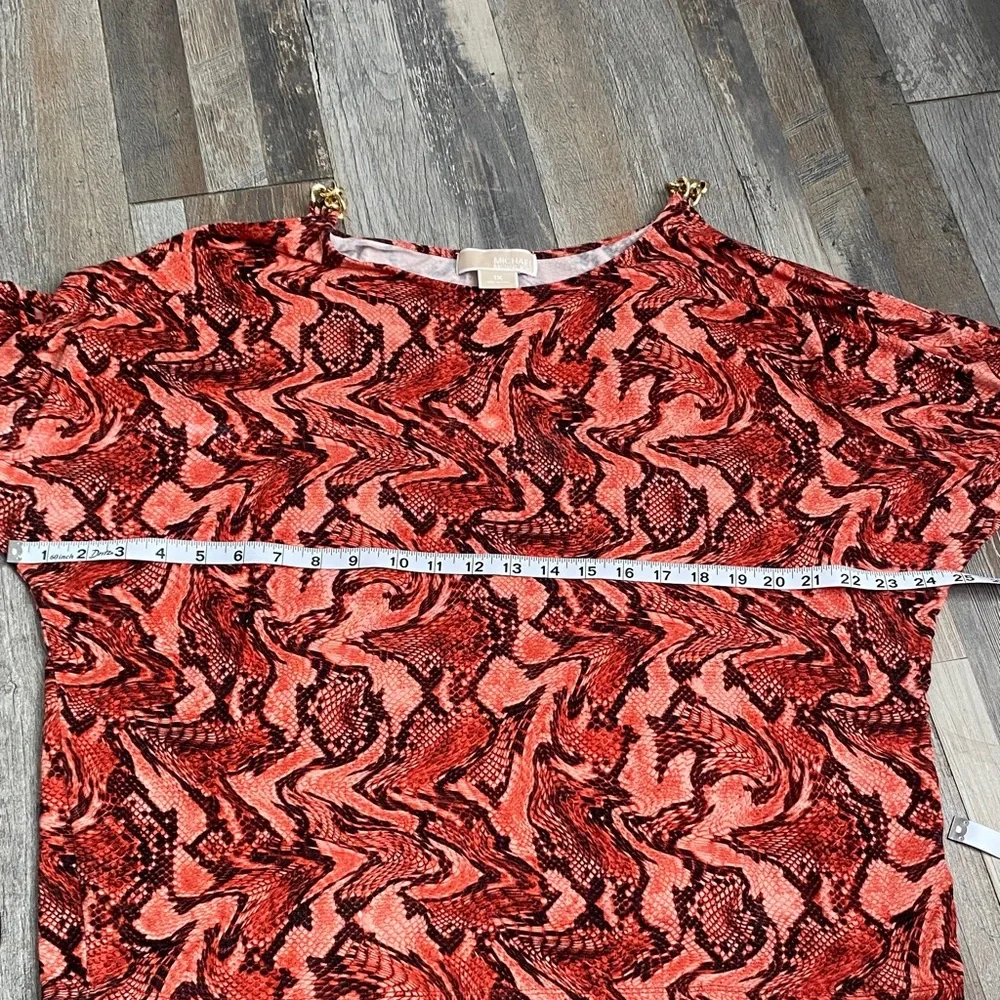 Michael Kors Red and Black Swirl Blouse with Gold Chains 3/4 sleeves